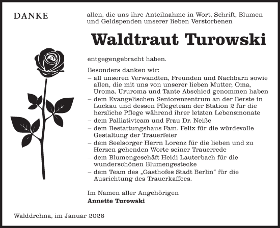 Traueranzeige von Waldtraut Turowski von Ausg. LR Spreewald RS
