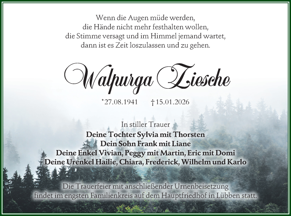  Traueranzeige für Walpurga Ziesche vom 31.01.2026 aus Ausg. LR Spreewald RS