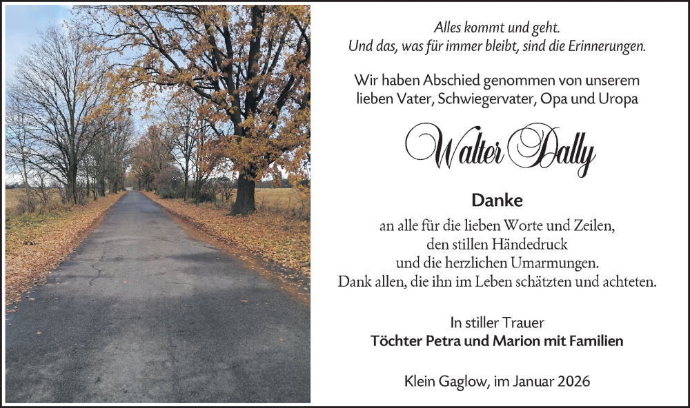  Traueranzeige für Walter Dally vom 10.01.2026 aus Ausg. LR Spreewald RS