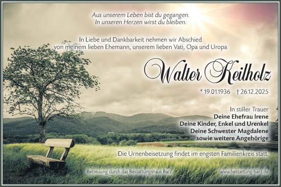 Traueranzeige von Walter Keilholz von Lausitzer Rundschau