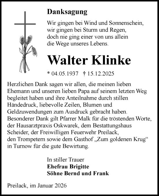 Traueranzeige von Walter Klinke von Lausitzer Rundschau
