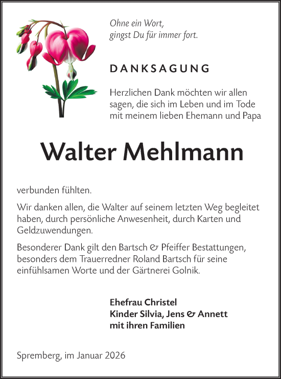Traueranzeige von Walter Mehlmann von Lausitzer Rundschau