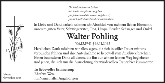 Traueranzeige von Walter Pohling von Lausitzer Rundschau