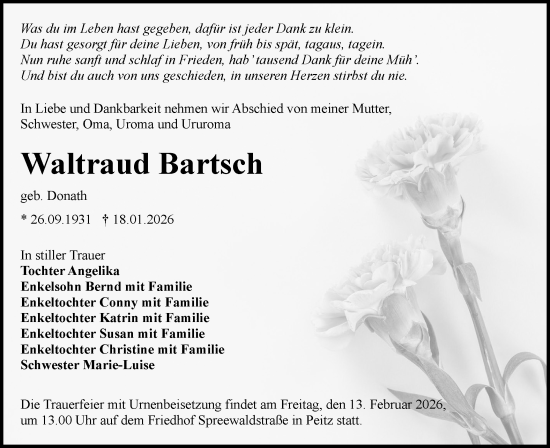 Traueranzeige von Waltraud Bartsch von Lausitzer Rundschau