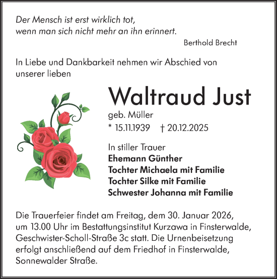 Traueranzeige von Waltraud Just von Lausitzer Rundschau