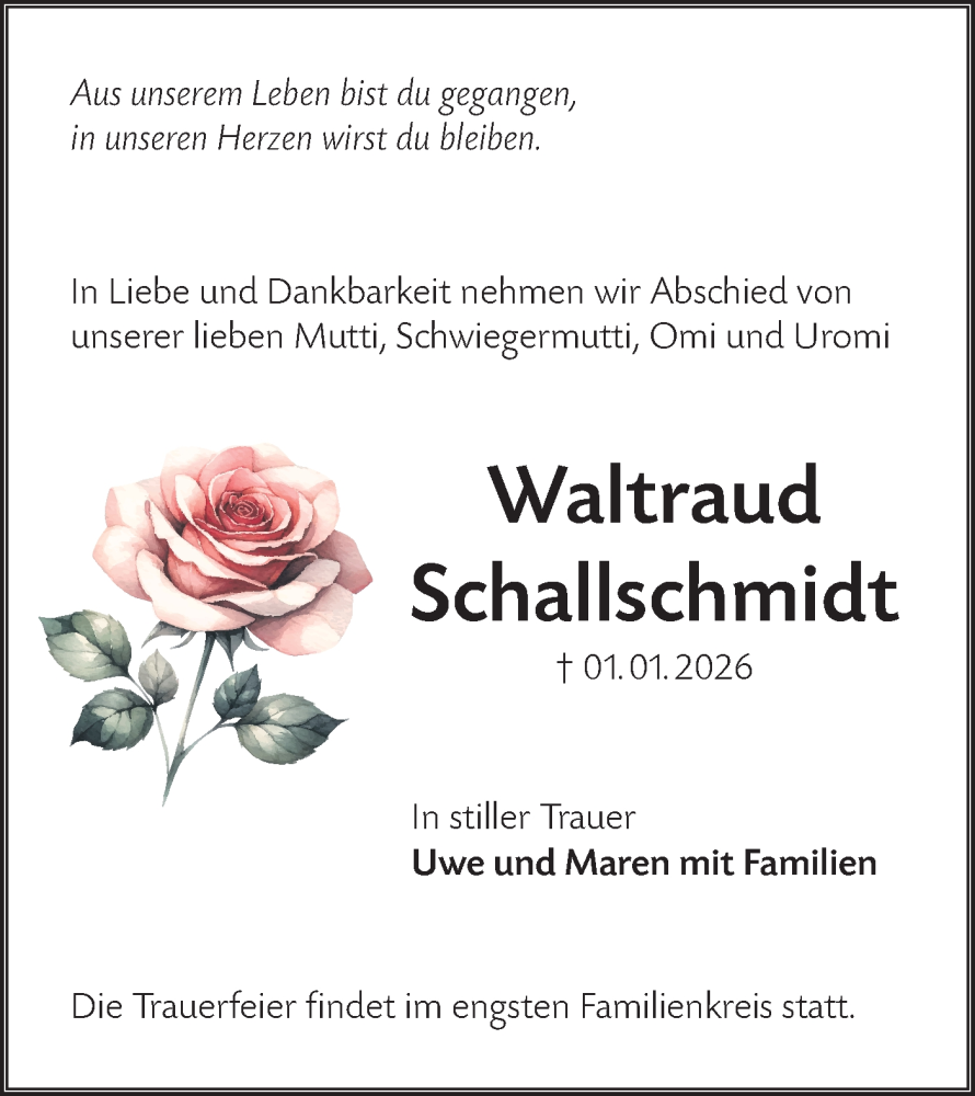  Traueranzeige für Waltraud Schallschmidt vom 24.01.2026 aus Lausitzer Rundschau