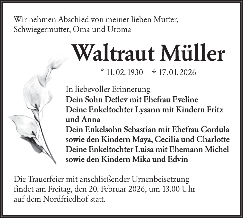  Traueranzeige für Waltraut Müller vom 31.01.2026 aus Lausitzer Rundschau