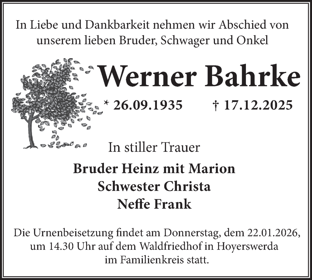  Traueranzeige für Werner Bahrke vom 10.01.2026 aus Lausitzer Rundschau