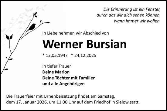 Traueranzeige von Werner Bursian von Lausitzer Rundschau