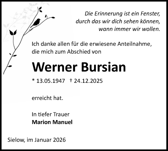 Traueranzeige von Werner Bursian von Lausitzer Rundschau