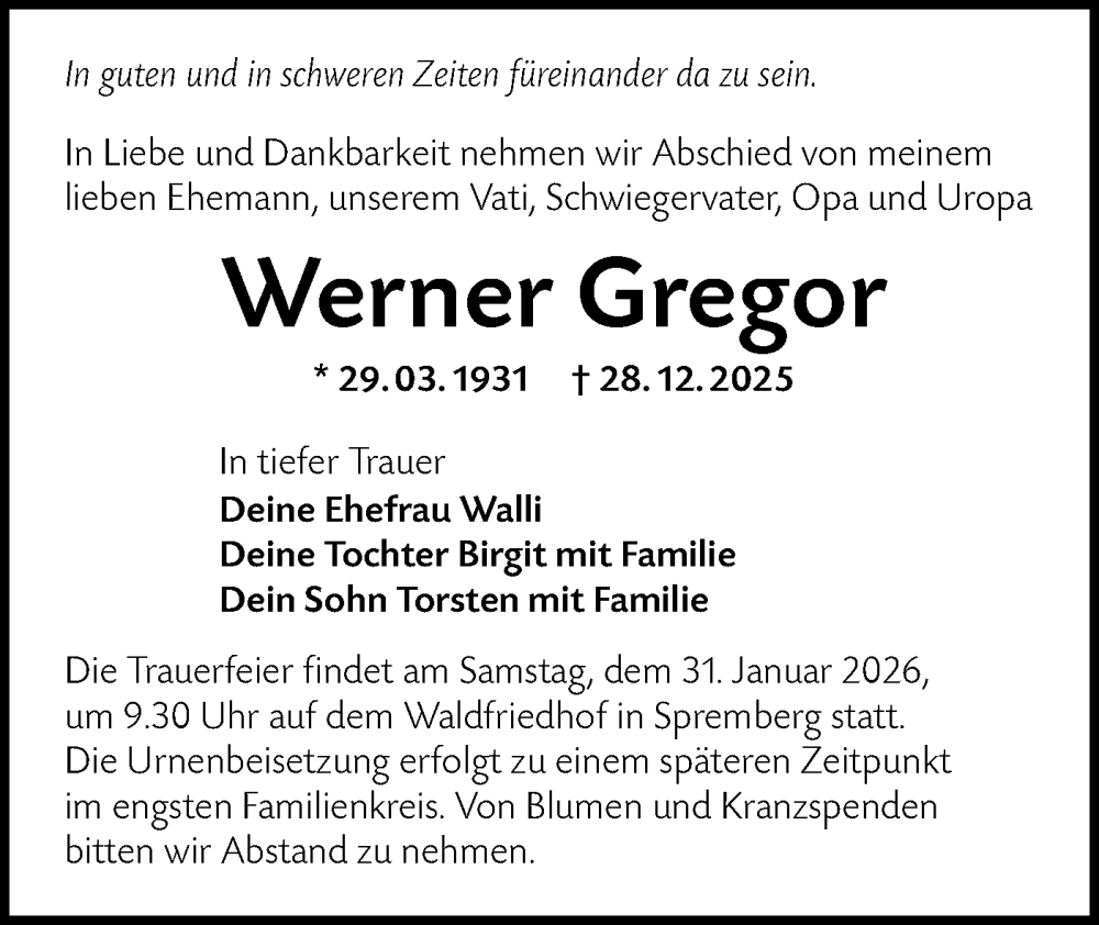  Traueranzeige für Werner Gregor vom 24.01.2026 aus Lausitzer Rundschau
