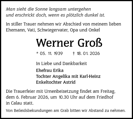 Traueranzeige von Werner Groß von Ausg. LR Spreewald RS