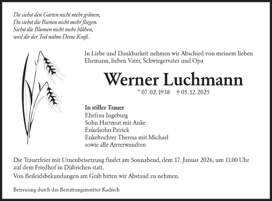 Traueranzeige von Werner Luchmann von Lausitzer Rundschau