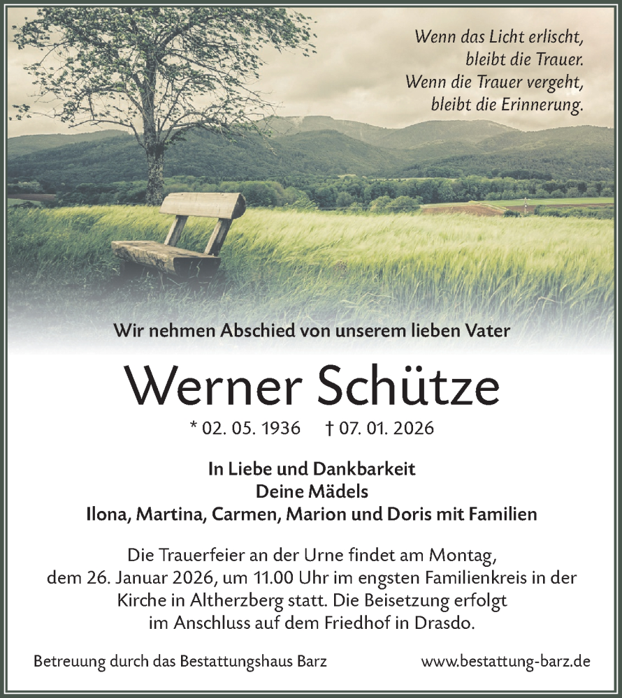  Traueranzeige für Werner Schütze vom 17.01.2026 aus Lausitzer Rundschau