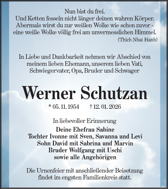 Traueranzeige von Werner Schutzan von Lausitzer Rundschau