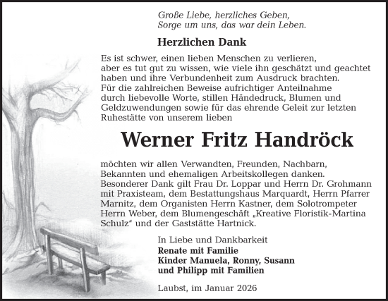 Traueranzeige von Werner Fritz Handröck von Lausitzer Rundschau