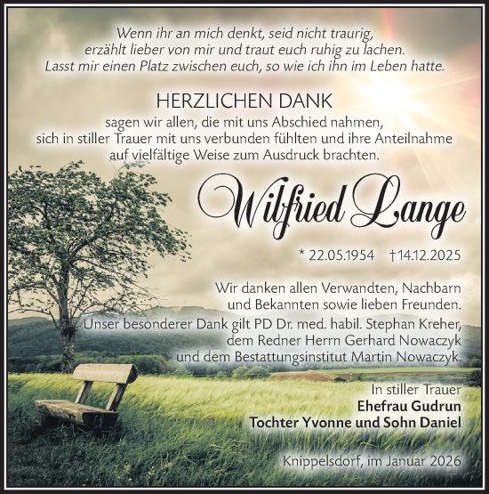 Traueranzeige von Wilfried Lange von Lausitzer Rundschau