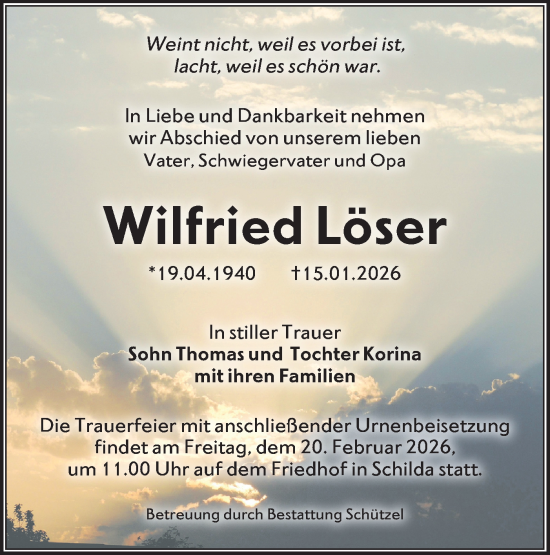 Traueranzeige von Wilfried Löser von Lausitzer Rundschau