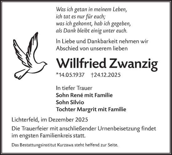 Traueranzeige von Willfried Zwanzig von Lausitzer Rundschau