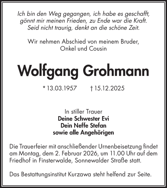 Traueranzeige von Wolfgang Grohmann von Lausitzer Rundschau