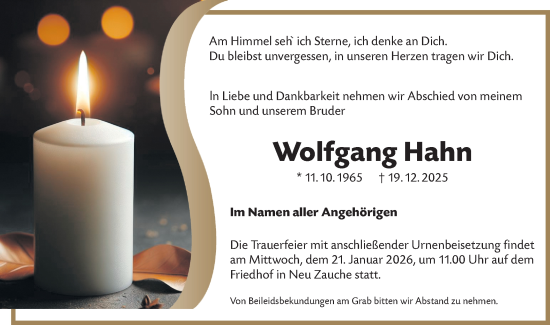 Traueranzeige von Wolfgang Hahn von Ausg. LR Spreewald RS