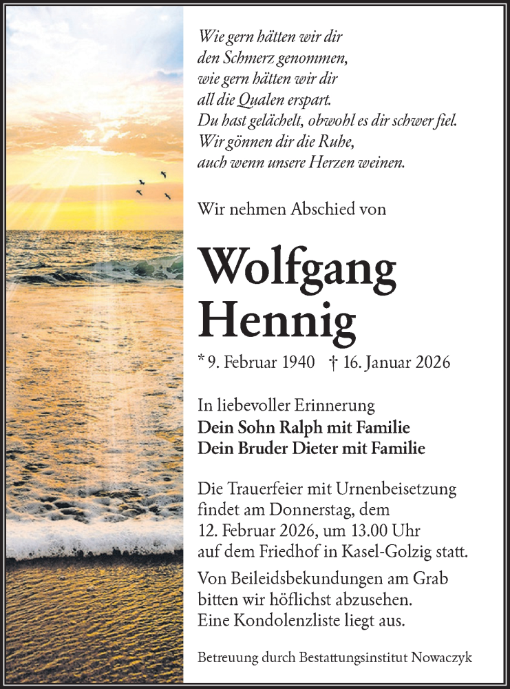  Traueranzeige für Wolfgang Hennig vom 31.01.2026 aus Ausg. LR Spreewald RS