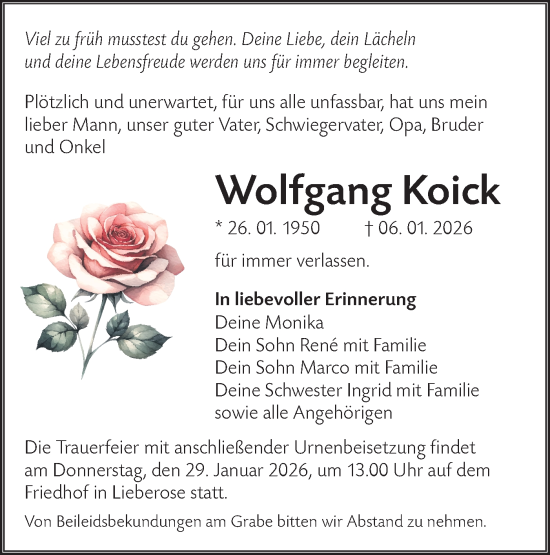 Traueranzeige von Wolfgang Koick von Ausg. LR Spreewald RS
