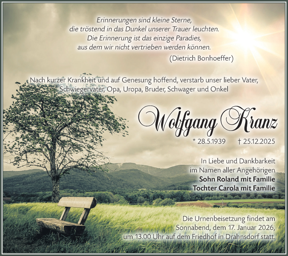  Traueranzeige für Wolfgang Kranz vom 10.01.2026 aus Ausg. LR Spreewald RS