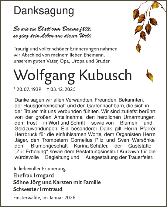 Traueranzeige von Wolfgang Kubusch von Lausitzer Rundschau