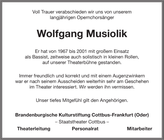 Traueranzeige von Wolfgang Musiolik von Lausitzer Rundschau