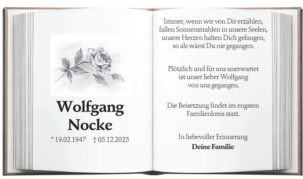  Traueranzeige für Wolfgang Nocke vom 03.01.2026 aus Lausitzer Rundschau