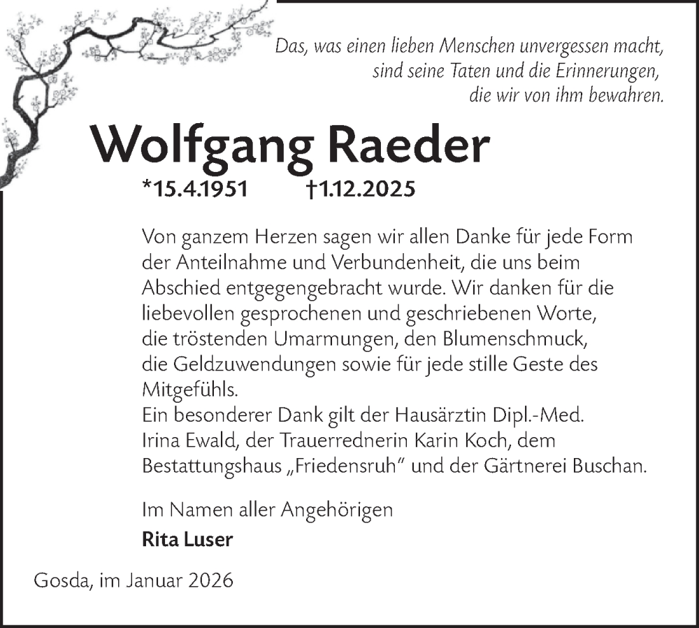  Traueranzeige für Wolfgang Raeder vom 10.01.2026 aus Lausitzer Rundschau