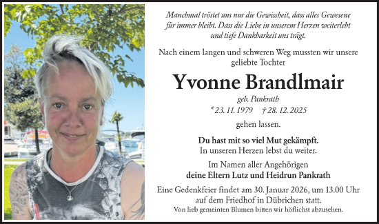 Traueranzeige von Yvonne Brandlmair von Lausitzer Rundschau
