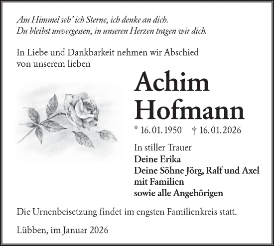 Traueranzeige von Achim Hofmann von Ausg. LR Spreewald RS