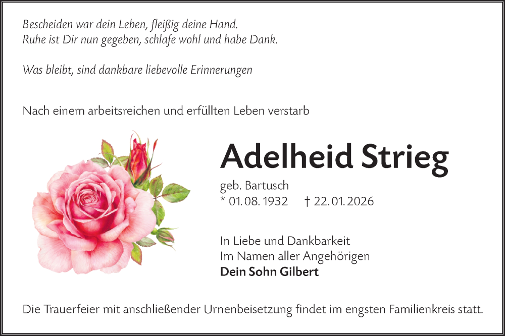  Traueranzeige für Adelheid Strieg vom 07.02.2026 aus Lausitzer Rundschau