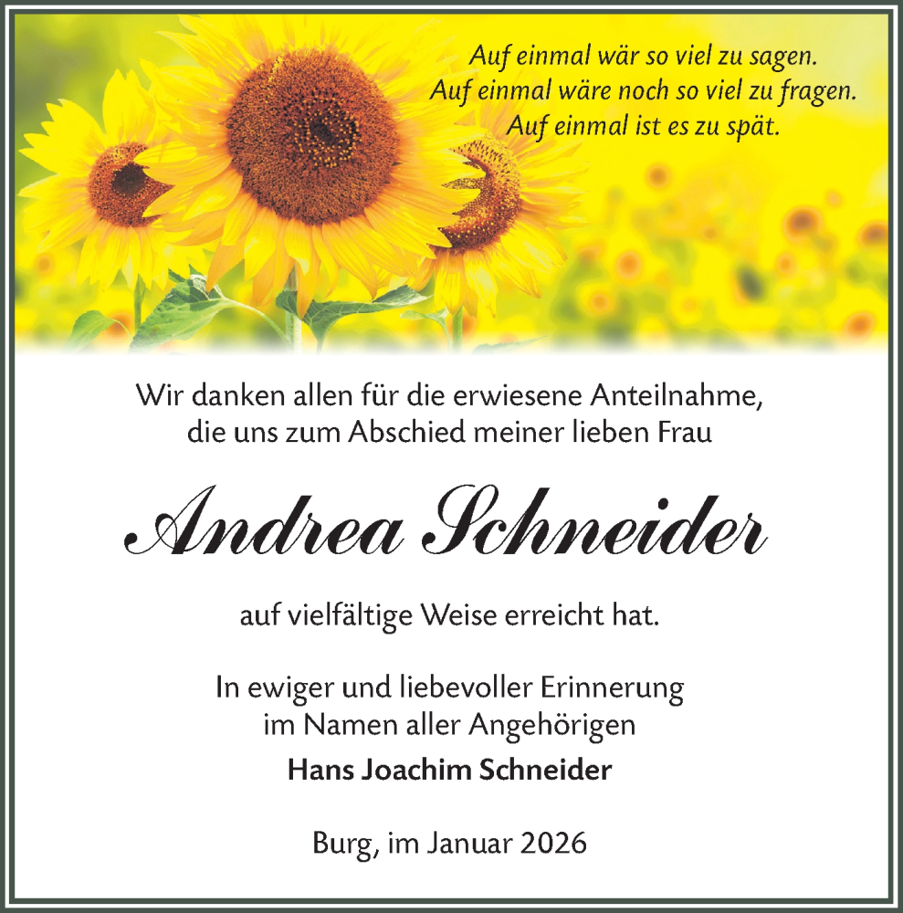  Traueranzeige für Andrea Schneider vom 07.02.2026 aus Lausitzer Rundschau