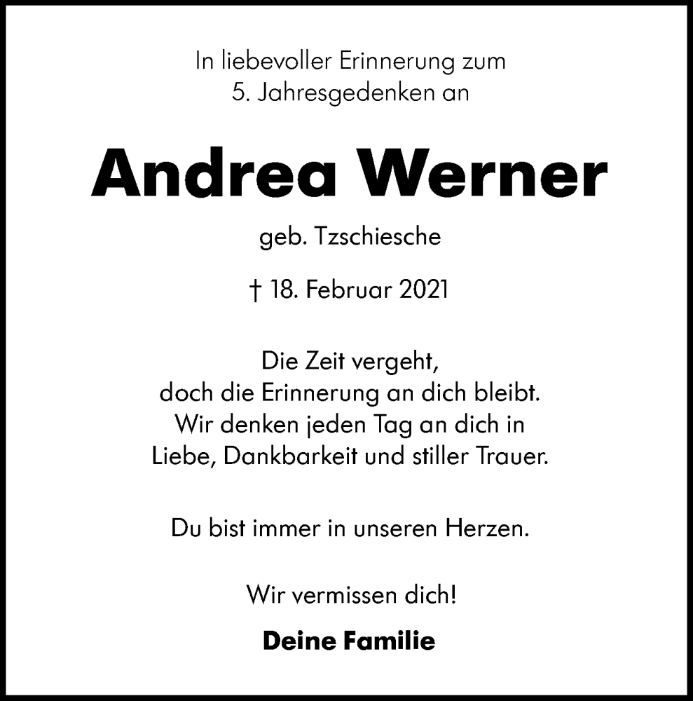  Traueranzeige für Andrea Werner vom 18.02.2026 aus Ausg. LR Spreewald RS