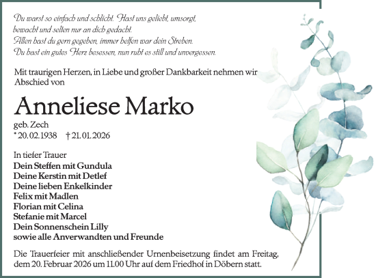 Traueranzeige von Anneliese Marko von Lausitzer Rundschau
