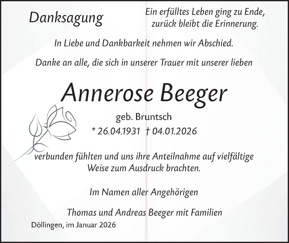  Traueranzeige für Annerose Beeger vom 10.02.2026 aus Lausitzer Rundschau