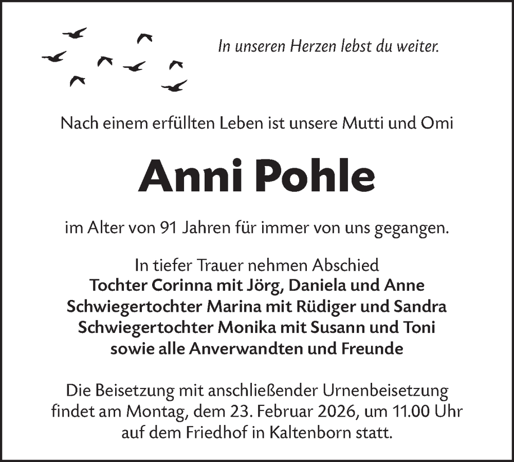  Traueranzeige für Anni Pohle vom 10.02.2026 aus Lausitzer Rundschau