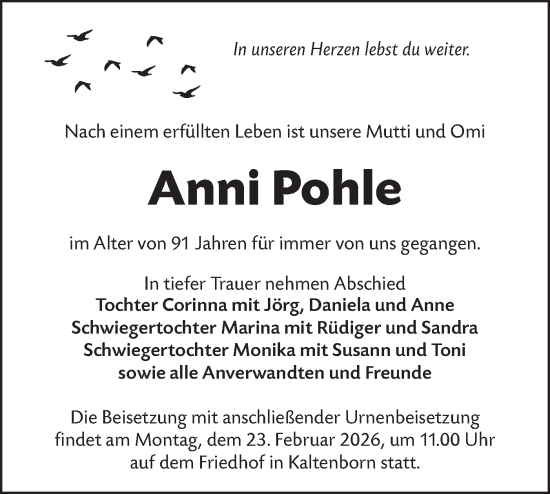 Traueranzeige von Anni Pohle von Lausitzer Rundschau