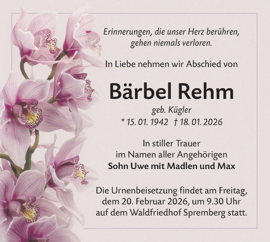 Traueranzeige von Bärbel Rehm von Lausitzer Rundschau