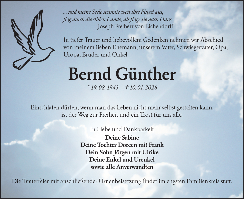  Traueranzeige für Bernd Günther vom 05.02.2026 aus Lausitzer Rundschau