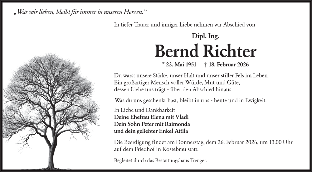  Traueranzeige für Bernd Richter vom 21.02.2026 aus Lausitzer Rundschau