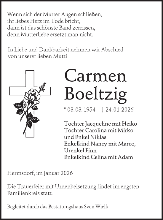 Traueranzeige von Carmen Boeltzig von Lausitzer Rundschau