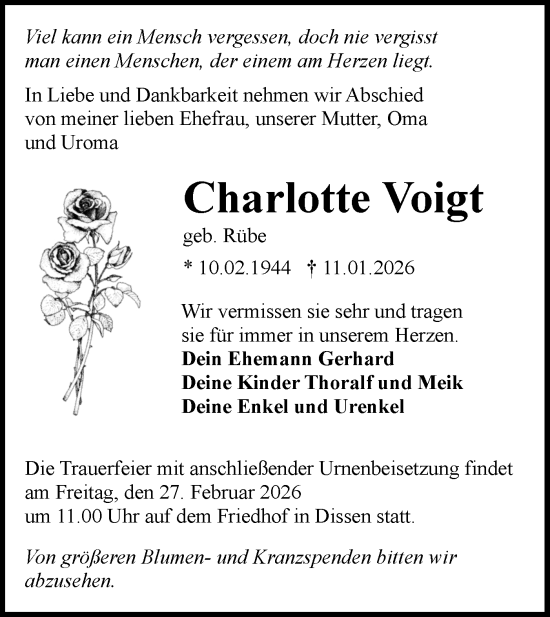 Traueranzeige von Charlotte Voigt von Lausitzer Rundschau