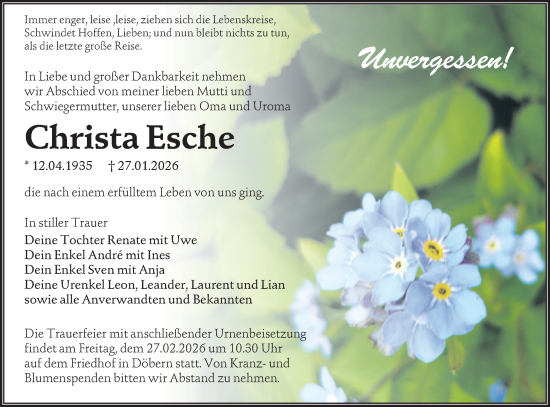 Traueranzeige von Christa Esche von Lausitzer Rundschau