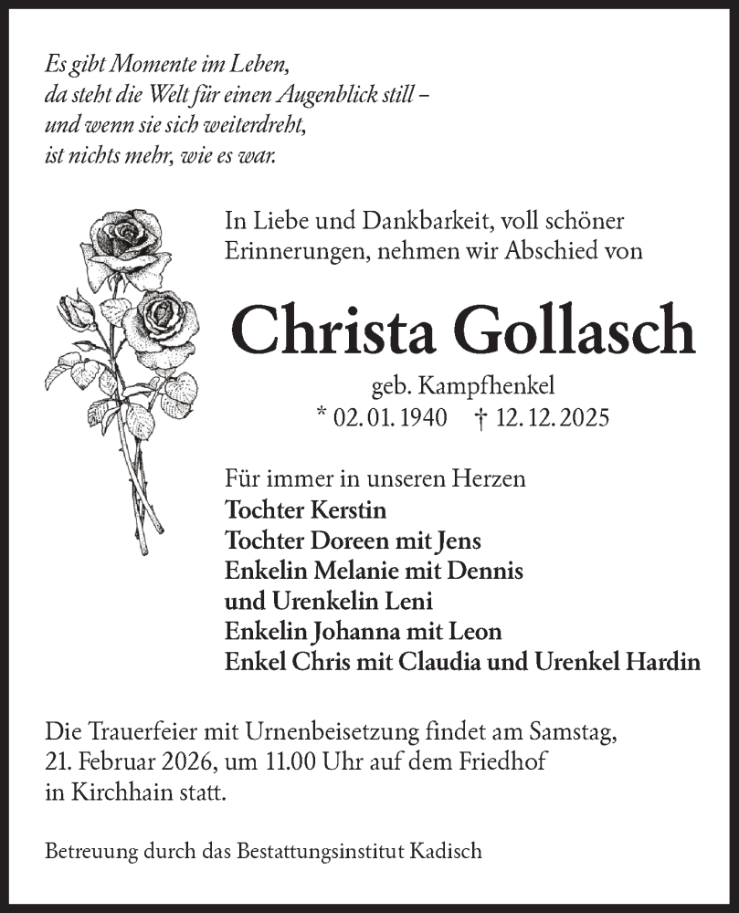  Traueranzeige für Christa Gollasch vom 07.02.2026 aus Lausitzer Rundschau