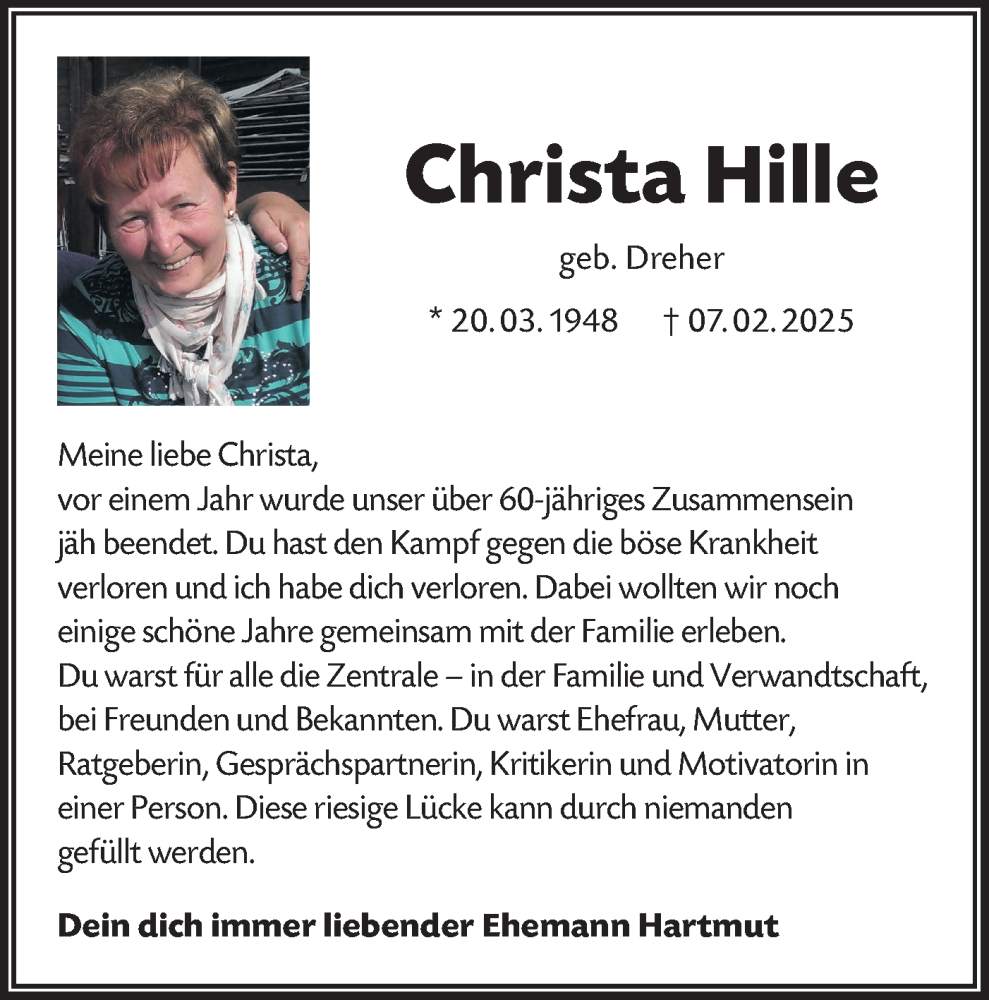  Traueranzeige für Christa Hille vom 07.02.2026 aus Ausg. LR Spreewald RS
