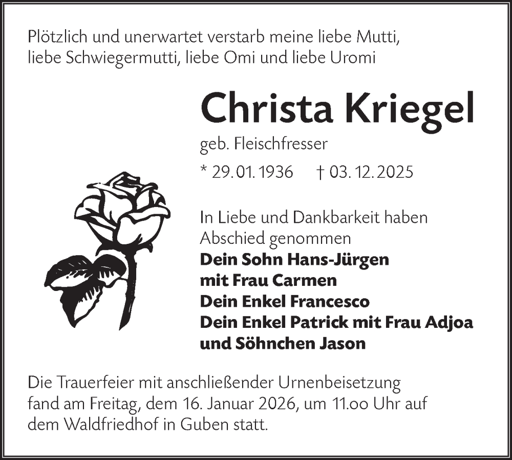  Traueranzeige für Christa Kriegel vom 03.02.2026 aus Lausitzer Rundschau